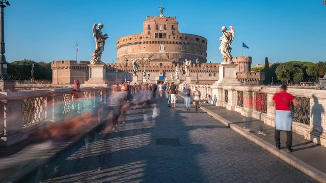 Castel Sant Angelo and bridge Ponte Sant Angelo over the Tiber river Rome hyperlapse video view from Bridge, Italy