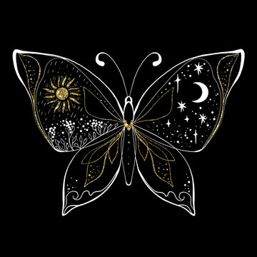 Magic Glitter Medieval Sun And Moon On Butterfly Tattoo And T-shirt Design. Alchemical Symbol Of The Sun, Moon Phase