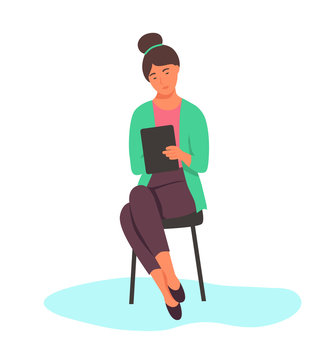 A Young Woman Is Sitting On A Chair With A Notepad. The Concept Of A Recruiter, Journalist, Psychologist. Flat Cartoon Vector Illustration.