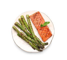 Cooked asparagus with salmon on white background