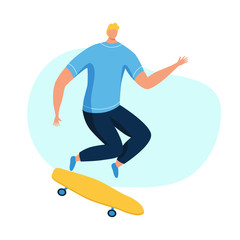 Young man skateboarding. Teenage boy or skateboarder riding skateboard. Male cartoon character isolated on white background. Flat vector illustration.