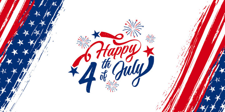 Happy 4th of July typography design with vertical American flag brush stroke on both sides, vector illustration.
