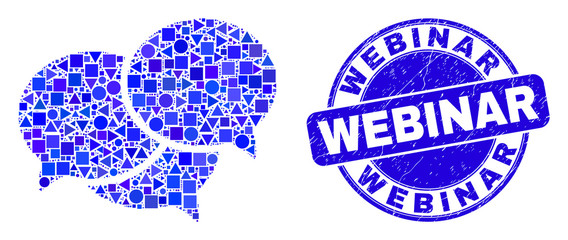 Geometric webinar messages mosaic pictogram and Webinar seal stamp. Blue vector round grunge seal stamp with Webinar caption. Abstract collage of webinar messages organized of round, triangles,
