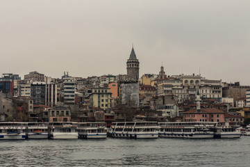 Fototapeta premium View of Galata Tower in Istanbul in rainy weather. Turkey