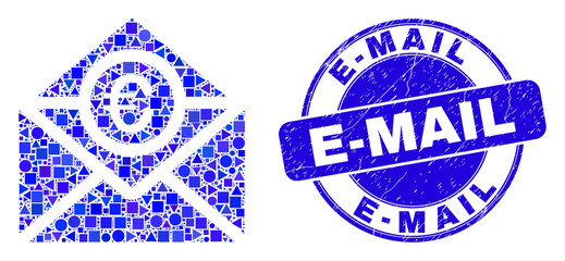 Geometric euro mail mosaic pictogram and E-Mail seal stamp. Blue vector rounded grunge seal stamp with E-Mail caption. Abstract mosaic of euro mail created of round, tringle,