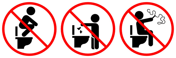 Warning toilet vector sign set isolated on white background, do not step on the seat, litter in toilet and write on wall of the toilet