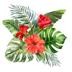 Tropical leaves and flower bouquet. Watercolor palm leaf, monstera, hibiscus flower