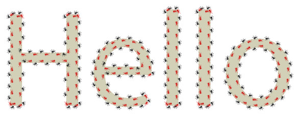 The inscription in English is Hello, with ants around the edge.