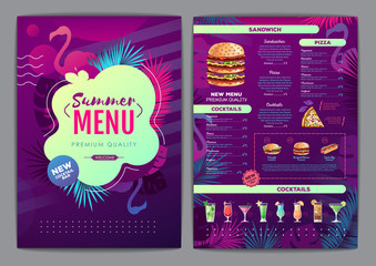 Restaurant summer tropical gradient menu design with fluorescent tropic leaves and flamingo. Fast food menu
