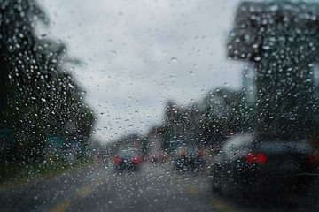 The window of the car during a rainy day