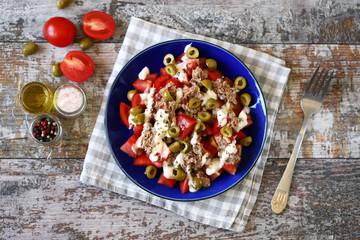 Nutritious salad with tuna and olives. Healthy diet. Keto salad.