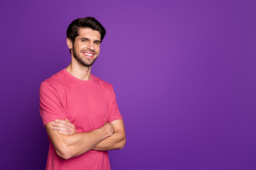Photo of macho guy perfect appearance neat hairdo bristle young chief boss arms crossed beaming...