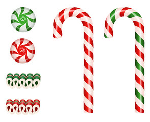 set isolated christmas candies with candy canes, ribbon candies and starlight peppermint candies