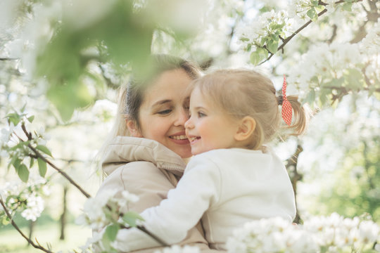 A beautiful charming mother and daughter walk in a flowering park in spring. Warm hugs, tenderness, kiss mom and baby. Blooming white trees, the sun, good mood, joy.