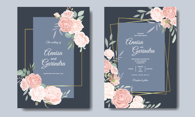  Elegant wedding invitation card template with  floral and leaves  navy blue  Premium Vector