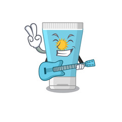brilliant musician of sunblock cream cartoon design playing music with a guitar