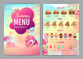 Fototapeta na wymiar Restaurant summer tropical gradient menu design with fluorescent tropic leaves and flamingo. Fast food menu