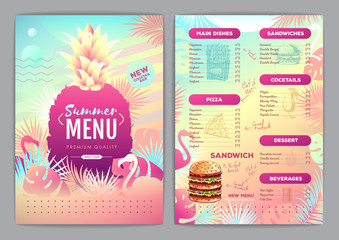 Restaurant summer tropical gradient menu design with fluorescent tropic leaves and flamingo. Fast food menu - obrazy, fototapety, plakaty