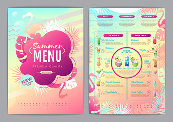 Restaurant summer tropical gradient cocktail menu design with fluorescent tropic leaves and flamingo. - obrazy, fototapety, plakaty