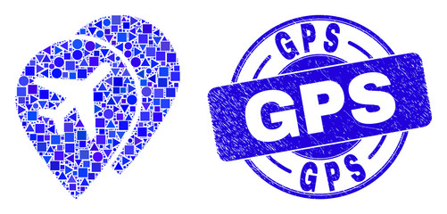 Geometric airport map markers mosaic icon and GPS seal stamp. Blue vector rounded textured seal stamp with GPS caption. Abstract composition of airport map markers created of spheric, triangles,