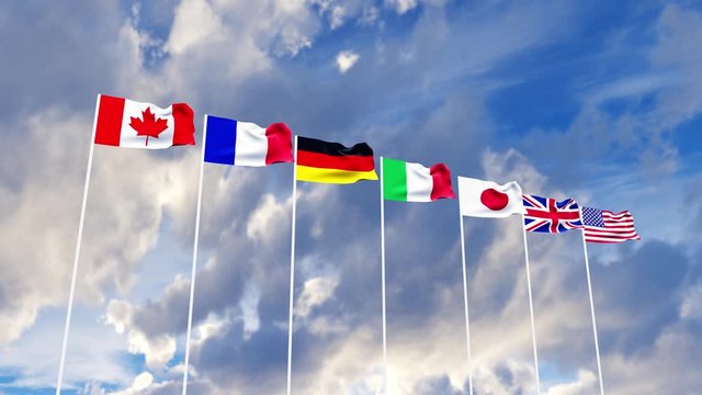 G7 flags Silk waving flags of countries of Group of Seven Canada Germany Italy France Japan USA states United Kingdom with a flagpole on a sunny blue sky background with white clouds 3D rendering