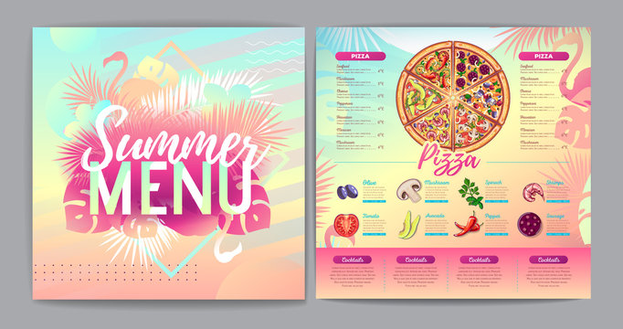Restaurant summer tropical gradient pizza menu design with fluorescent tropic leaves and flamingo. Fast food menu