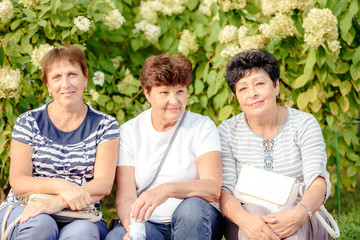 Mature Female Friends Socializing In Backyard Together.