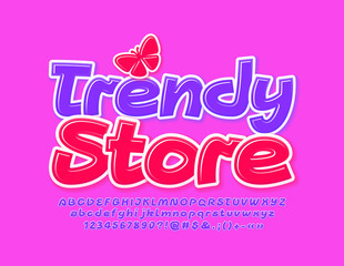 Vector sign Trendy Store with decorative Butterfly with Creative Font. Bright Alphabet Letters and Numbers