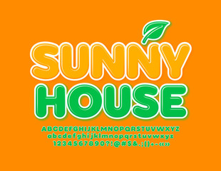 Fototapeta premium Vector modern emblem Sunny House with Green glossy Font. Bright Alphabet Letters and Numbers