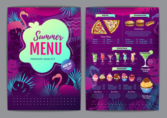 Restaurant summer tropical gradient menu design with fluorescent tropic leaves and flamingo. Fast food menu