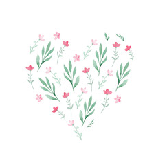 Heart of flowers, watercolor, romantic illustration 