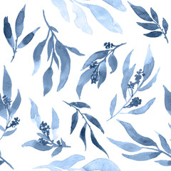 Watercolor leaves in navy blue. Seamless floral pattern - 352525332