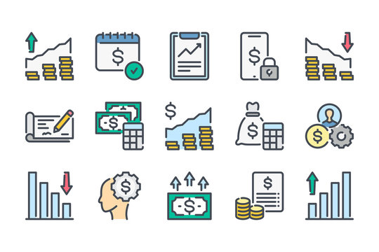 Investment and trading on the stock exchange related color line icon set. Money, Finance and Business Investment colorful linear icons. Payment and accounting report flat color outline vector icons.