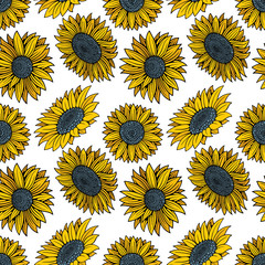 Sunflowers hand drawing sketch vector seamless pattern. Sunflowers endless texture.  Sunflowers background. Part of set.