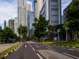 Quiet Singapore street with less tourists and cars during the city lockdown called"Circuit Breaker".