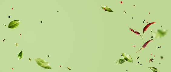 Creative mockup with flying various types of spices Bay leaf, red chili pepper, anise on green background with copy space. Long food banner with copy space.