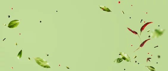 Fototapeten Kreatives Mockup mit fliegenden verschiedenen Arten von Gewürzen Lorbeerblatt, rote Chilischote, Anis auf grünem Hintergrund mit Kopierraum. Langes Lebensmittelbanner mit Kopierraum. © PINKASEVICH