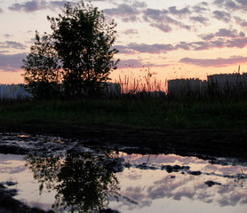sunset over the field, landscape, reflection
