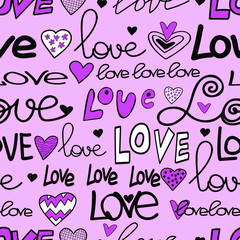 Graphic simple pattern with the word love and abstract hearts on a pink background