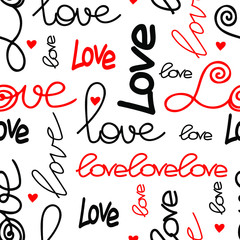 Graphic black and white seamless pattern with the word love and abstract hearts