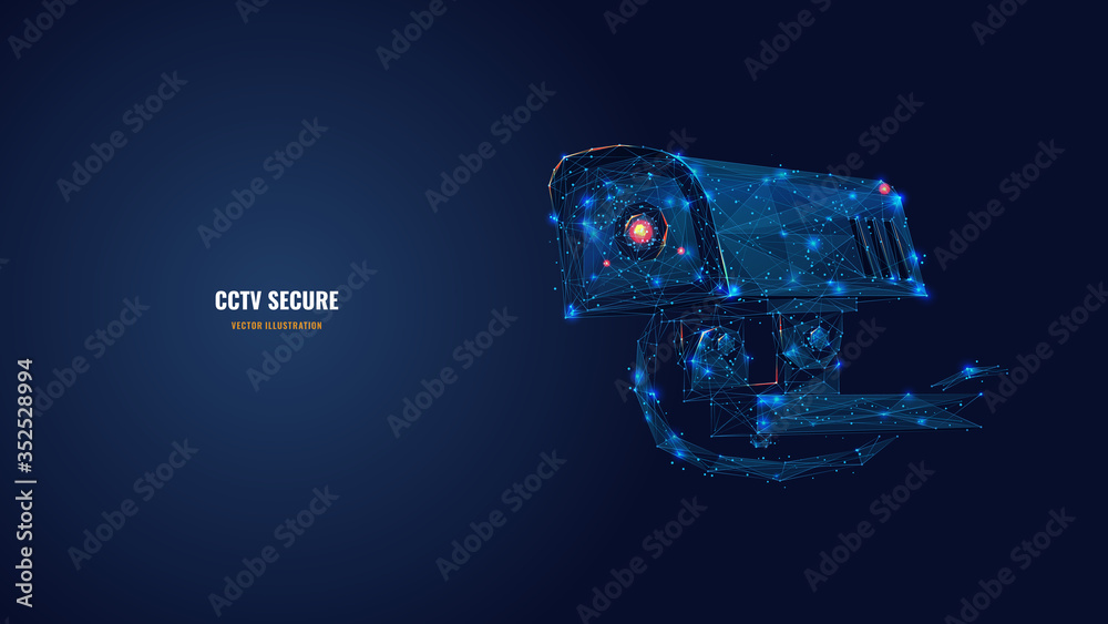 Aufkleber low poly 3d cctv security camera in dark blue. abstract surveillance technology, safety, smart home 