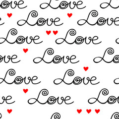 Graphic black and white seamless pattern with the word love and abstract red hearts