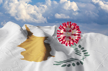 Flagge von Zypern mit Corona Virus und blauer Himmel mit Wolken im Hintergrund, Banner.