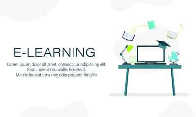 Concept for online education. E-learning, online education at home. Flat design concept of education, training and courses, learning. Vector.
