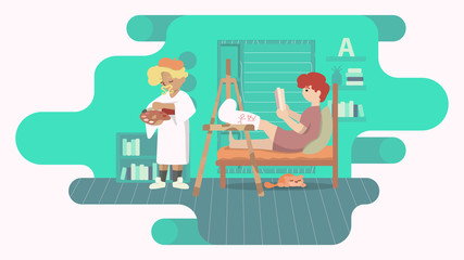 Man with Broken Leg in a Cast. Friend Care in a Modern Interior. Concept Illustration of Disabled People. Flat Vector EPS 10
