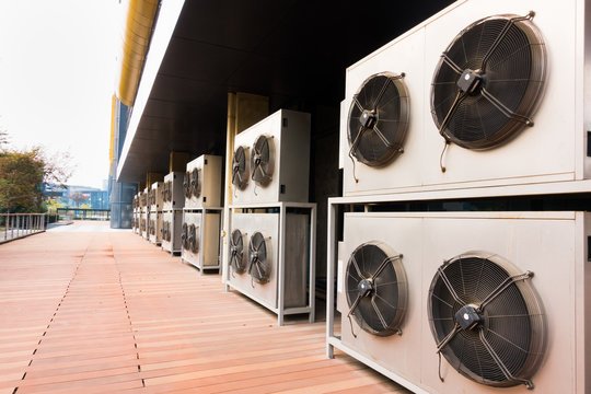 Outdoor row of Compressor HVAC Chiller Fan coil unit (FCU) of Air conditioning.