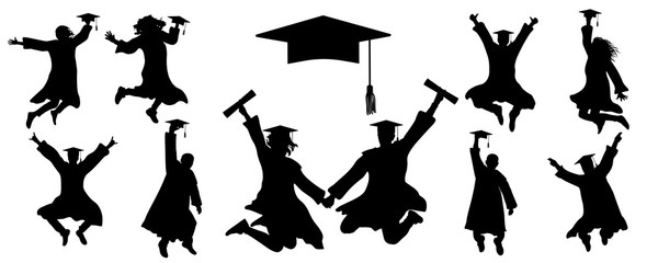 Icons of jumping silhouettes of graduates student, icon of square academic cap. Vector illustration