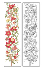 Fantasy flowers in retro, vintage, jacobean embroidery style. Coloring page for the adult coloring book with coloring sample. Outline vector illustration.