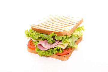 sandwich toast with ham, lettuce and tomato isolated on white background