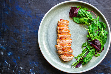 duck breast fillet salad, Menu concept food background keto or paleo diet. top view. copy space for text 
